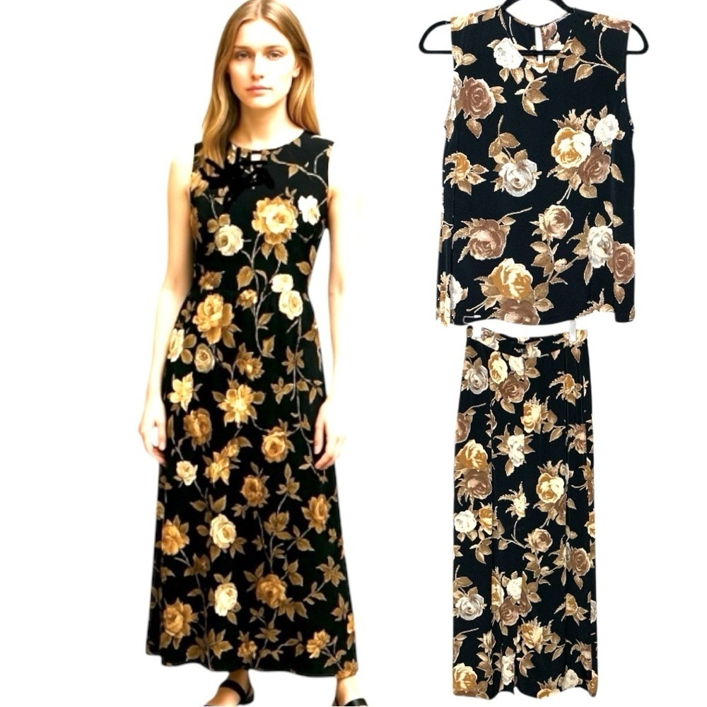 Vintage 80s Bogato Floral Maxi Skirt & Tank Top Set Black Beige Sz XS/S Outfit